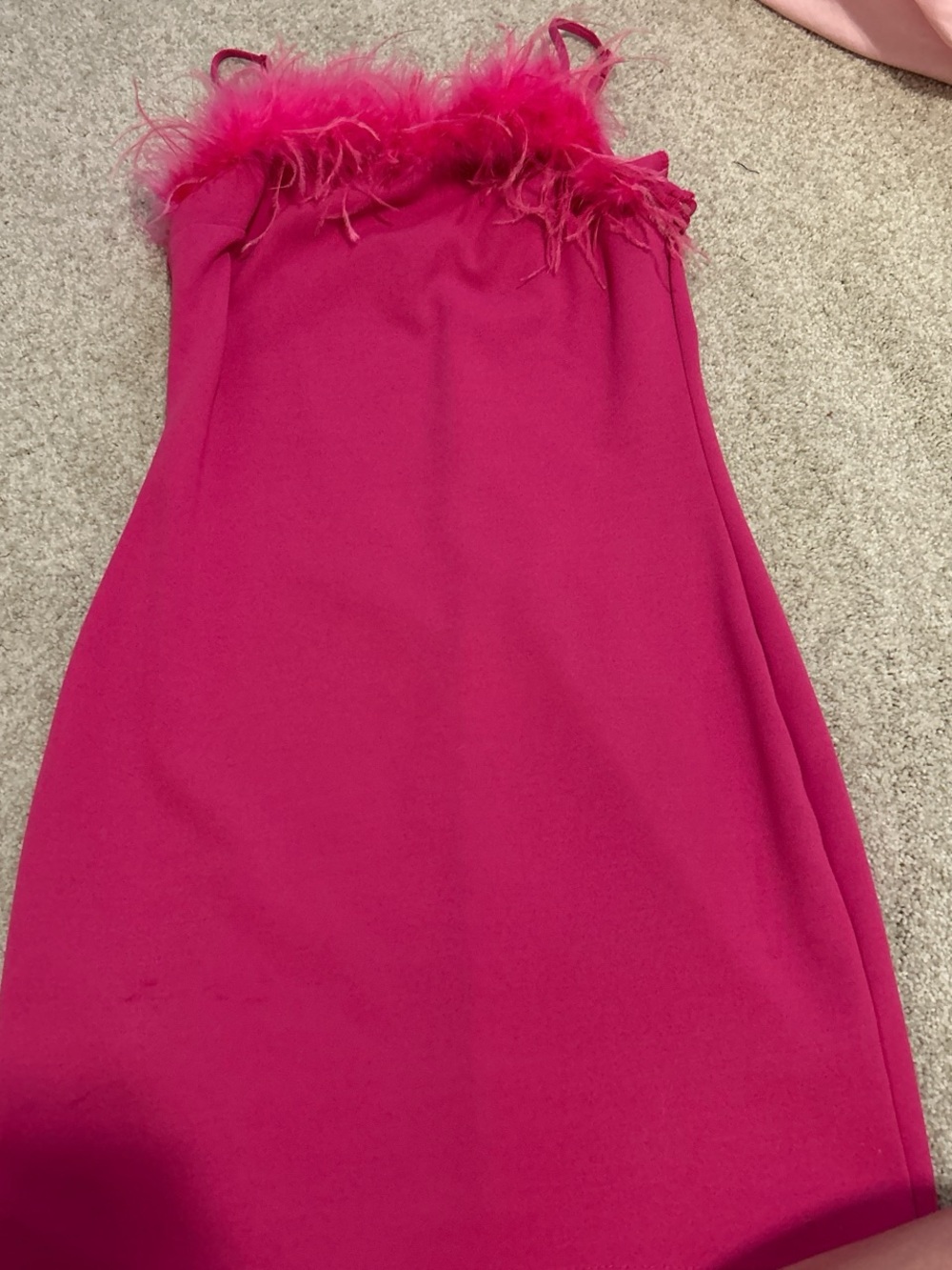 Hot Pink Feather-Trim Mini Dress with Spaghetti Straps